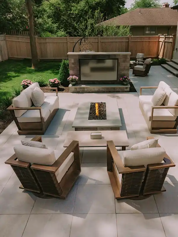 Custom Fire Pit and Outdoor TV Wall – Upper Arlington Custom outdoor living area featuring a gas fire pit and TV wall built with Unilock Pisa 2XL Smooth block and limestone coping.