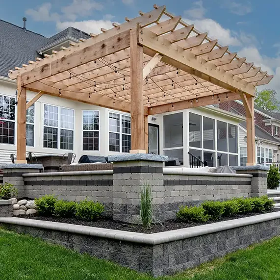 Custom cedar pergola over Unilock Beacon Hill patio in New Albany Ohio