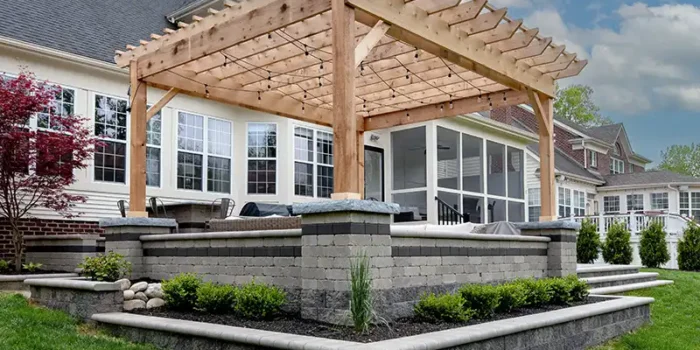 Custom cedar pergola over Unilock Beacon Hill patio in New Albany Ohio