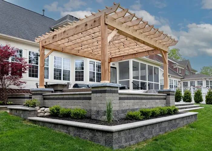 Custom cedar pergola over Unilock Beacon Hill patio in New Albany Ohio