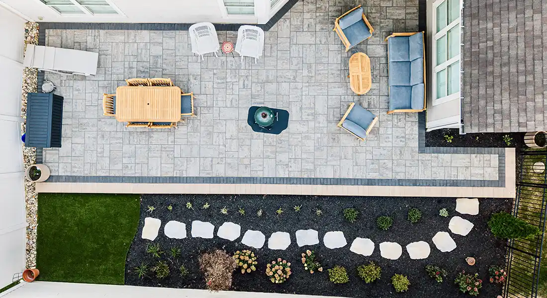 lewis-center-ohio-unilock-paver-patio-backyard-design-drone-image Custom Unilock Beacon Hill Smooth paver patio